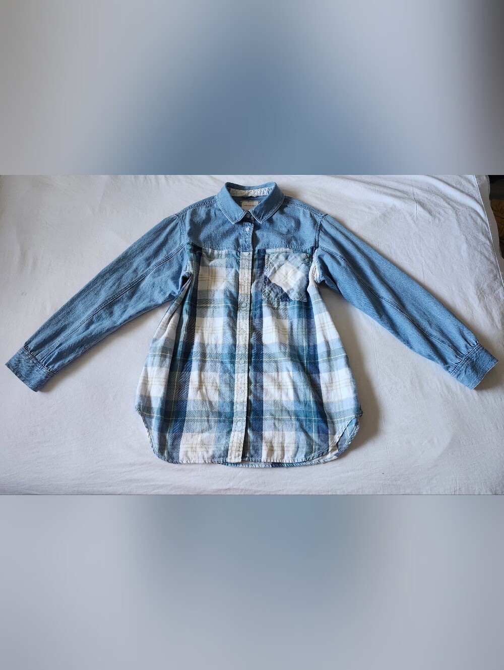 American Eagle Outfitters Light Blue Plaid & Denim Button-Up Shirt